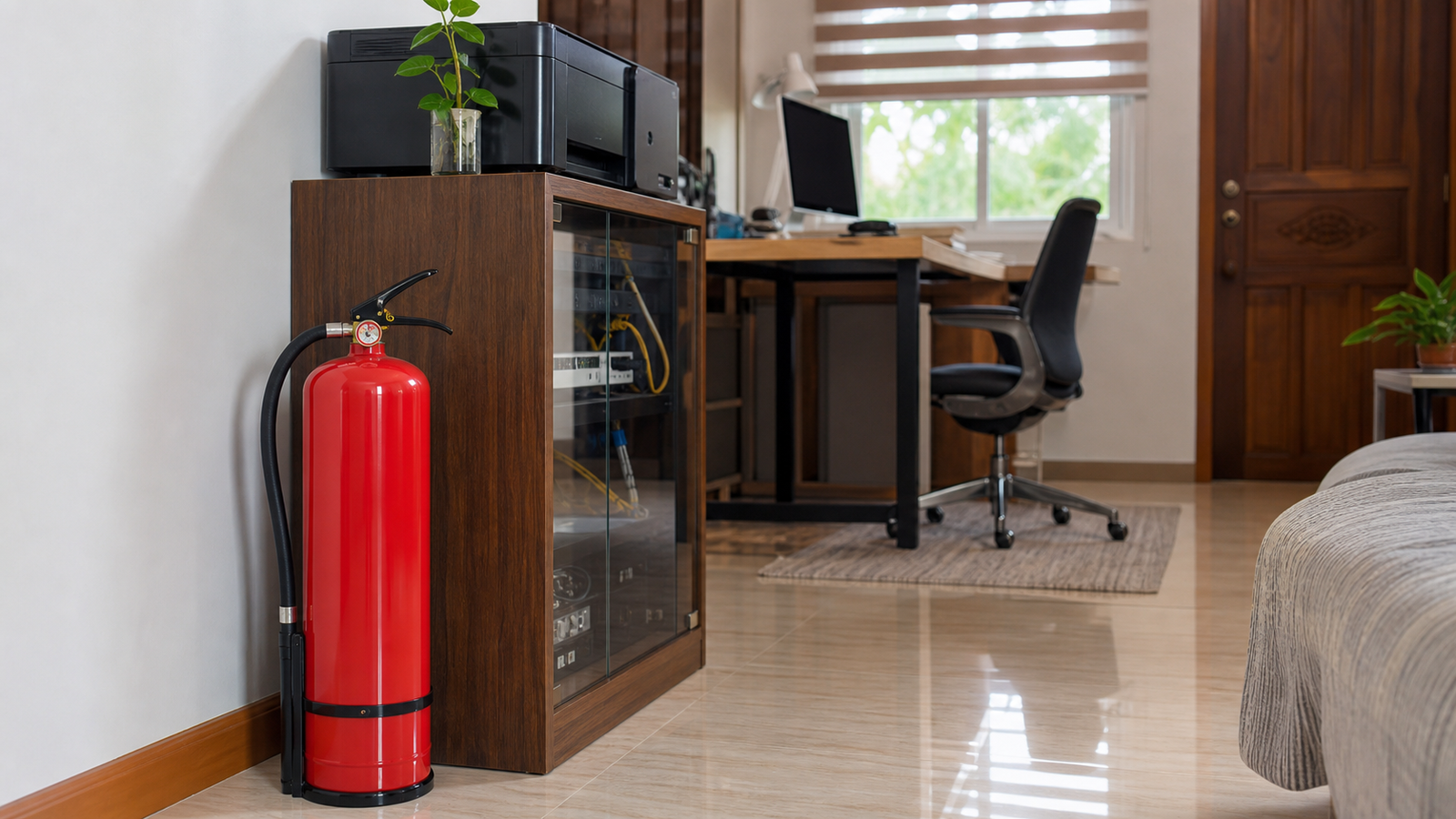 Clean-agent extinguisher beside a home office electronics cabinet in a Pampanga residence.