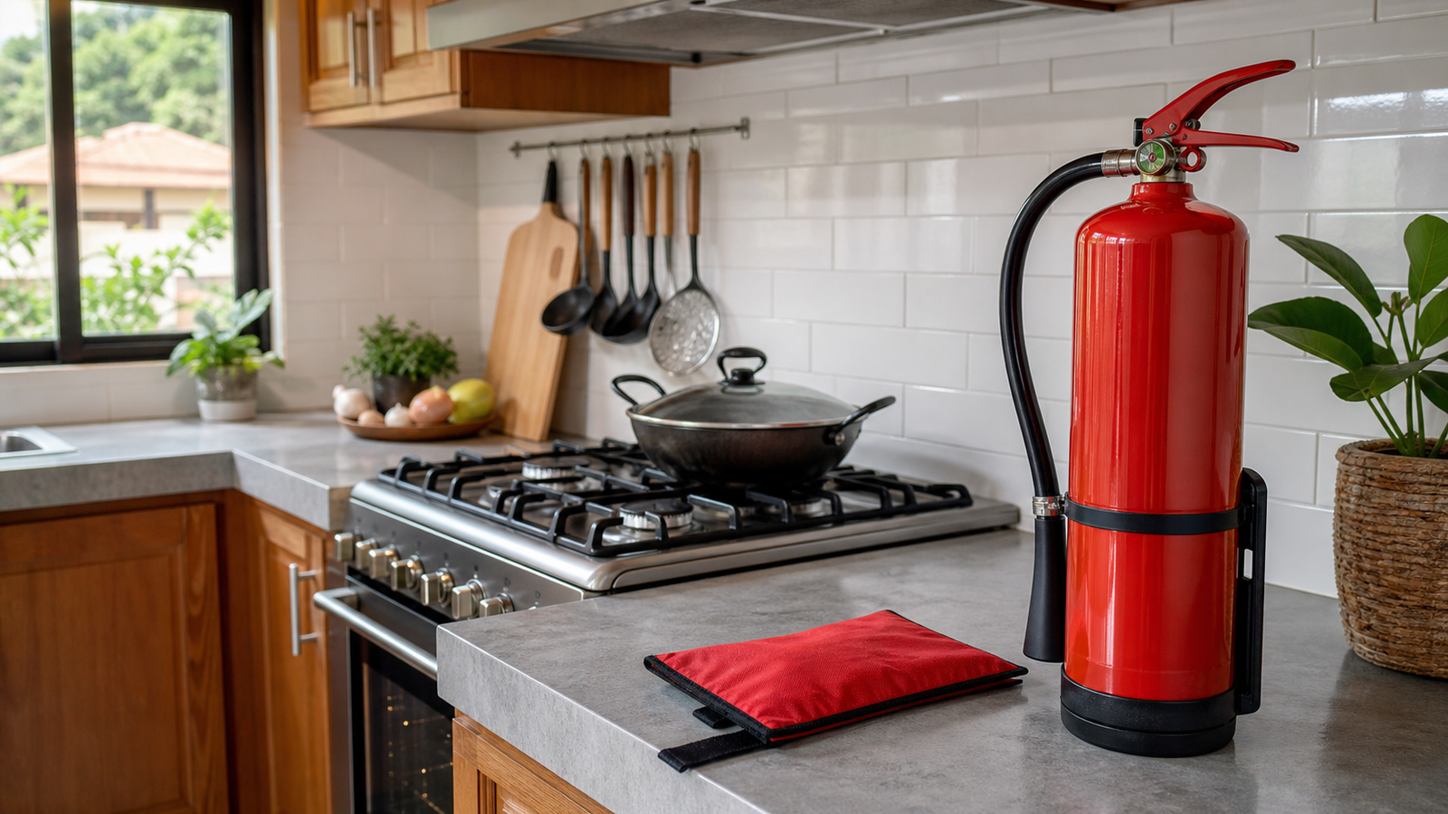 Wet-chemical style fire extinguisher and fire blanket placed safely in a clean Pampanga home kitchen.